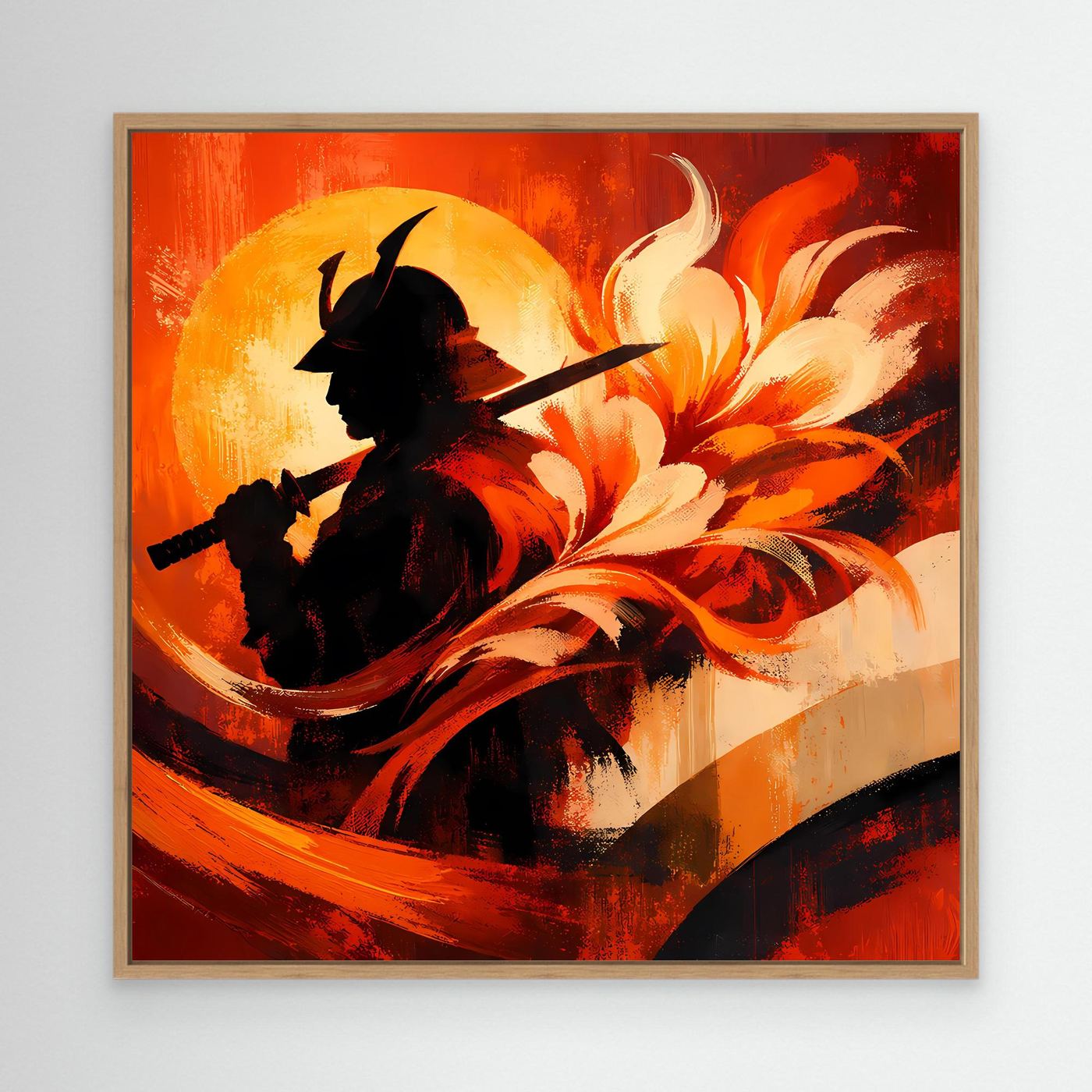 Japanisches Leinwand-Wandbild mit schwarzer Samurai-Silhouette, rote Flammen, Holzrahmen