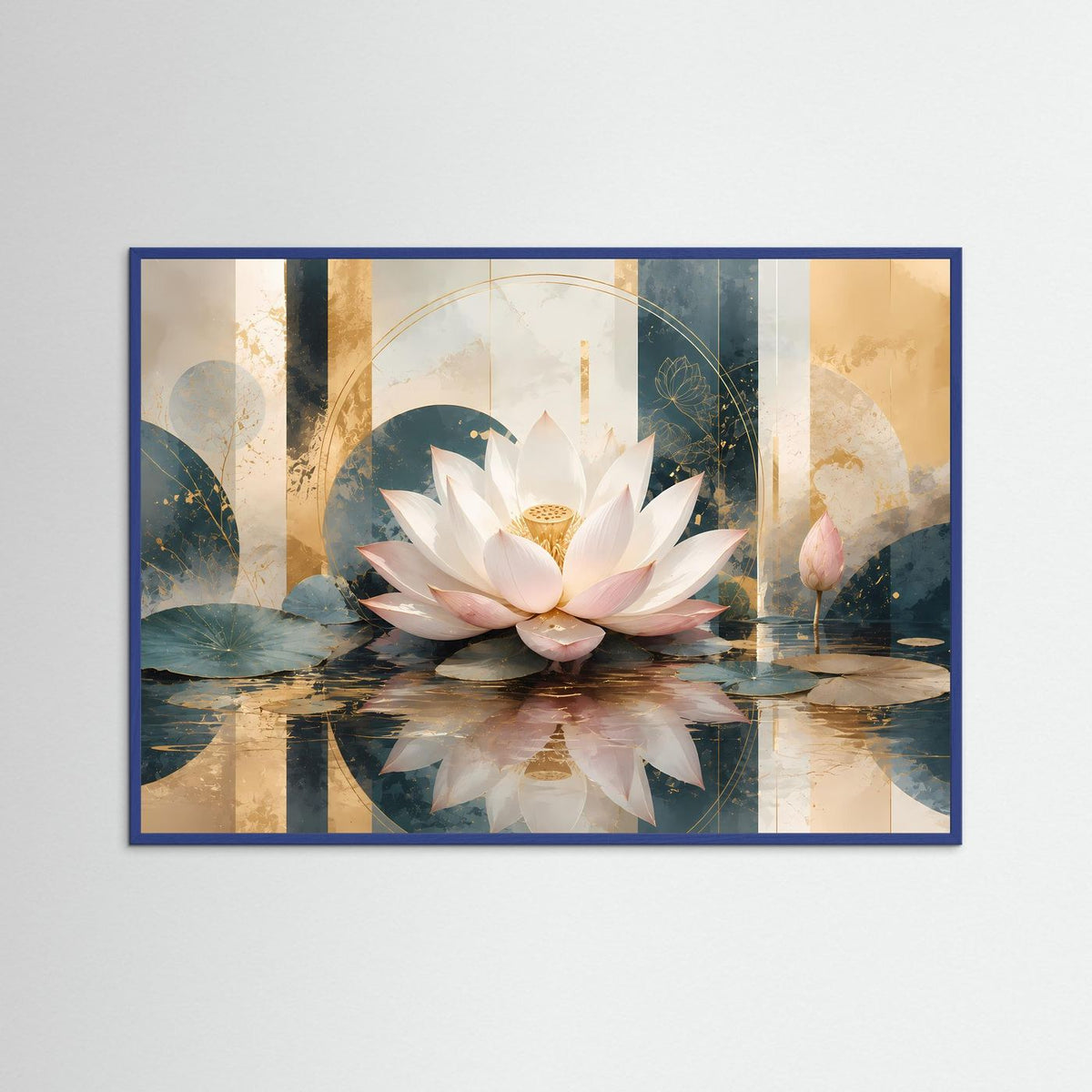 Gerahmtes Querformat-Poster mit Lotusblüte auf Wasser, blauer Rahmen, cremeblau