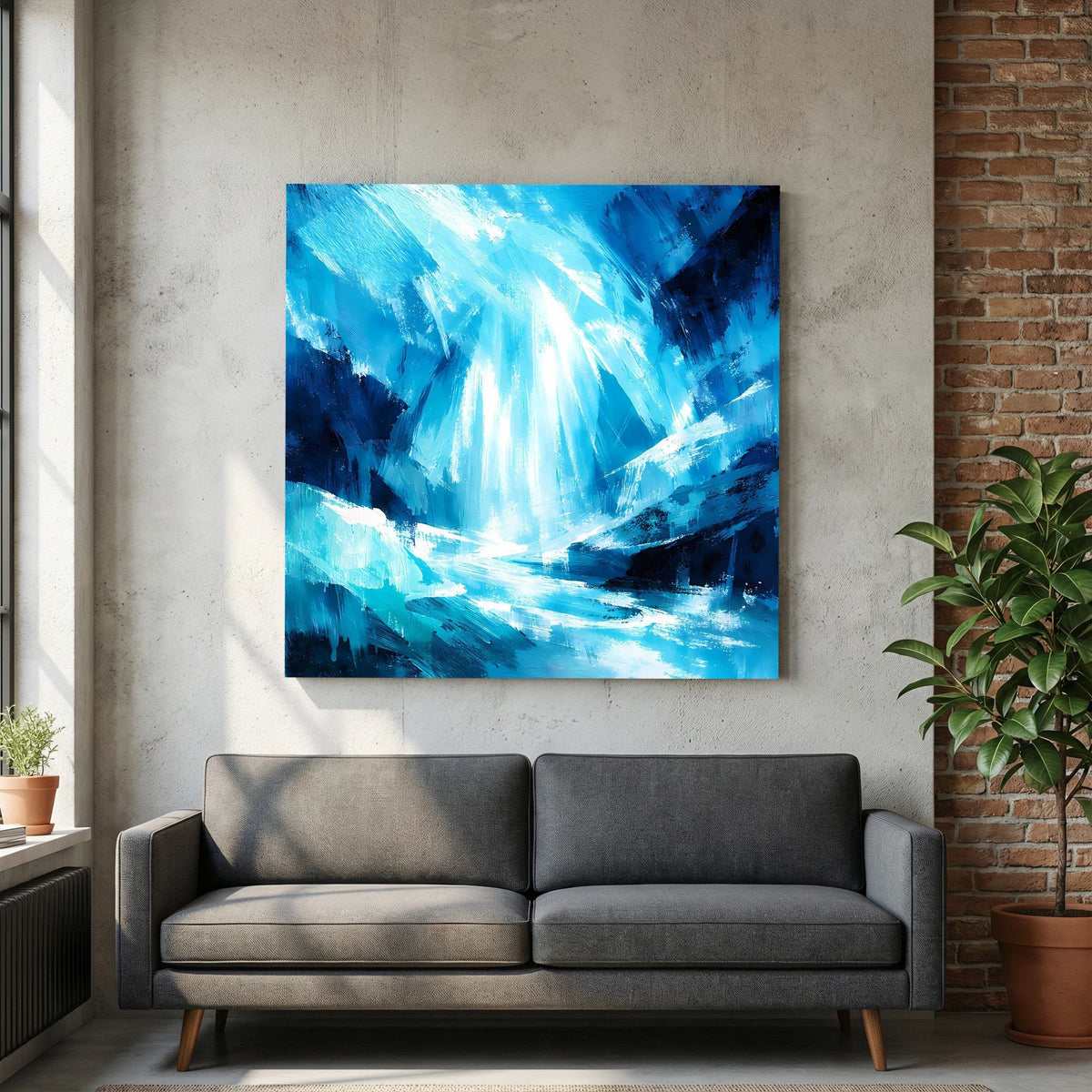 Leinwand-Wandbild mit blauem Eiswasserfall, abstrakten Pinselstrichen und Lichtspitze