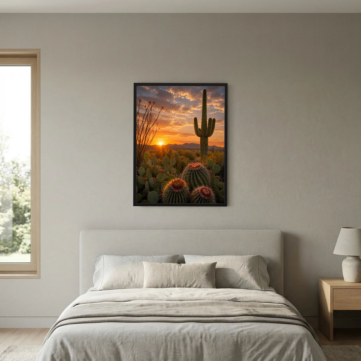 Gerahmtes Poster mit Wüstenkakteen, Sonnenuntergang und blühenden Kakteen