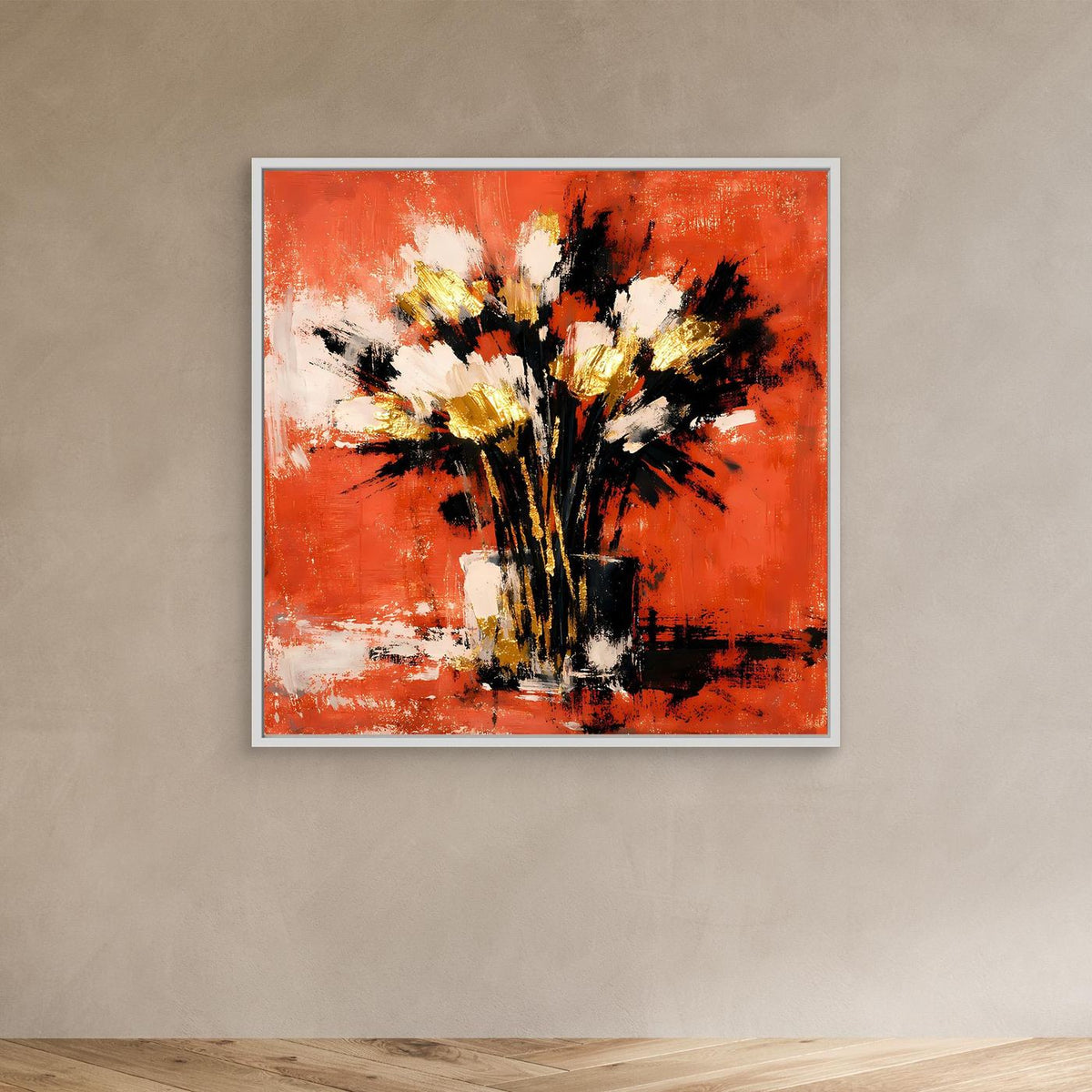 Leinwand-Wandbild mit abstraktem Blumenstrauß in Terrakotta, Weiß und Gold im weißen Rahmen