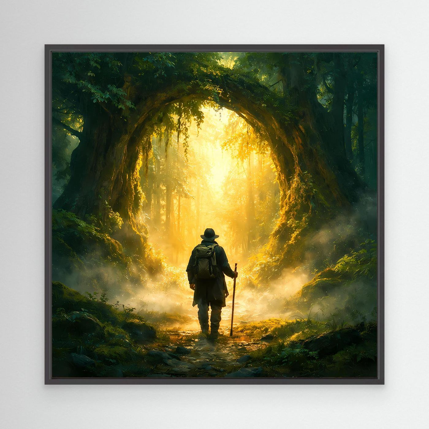 Leinwand Mystischer Wanderer am Waldportal | Abstraktes Natur Zauberwald Wandbild