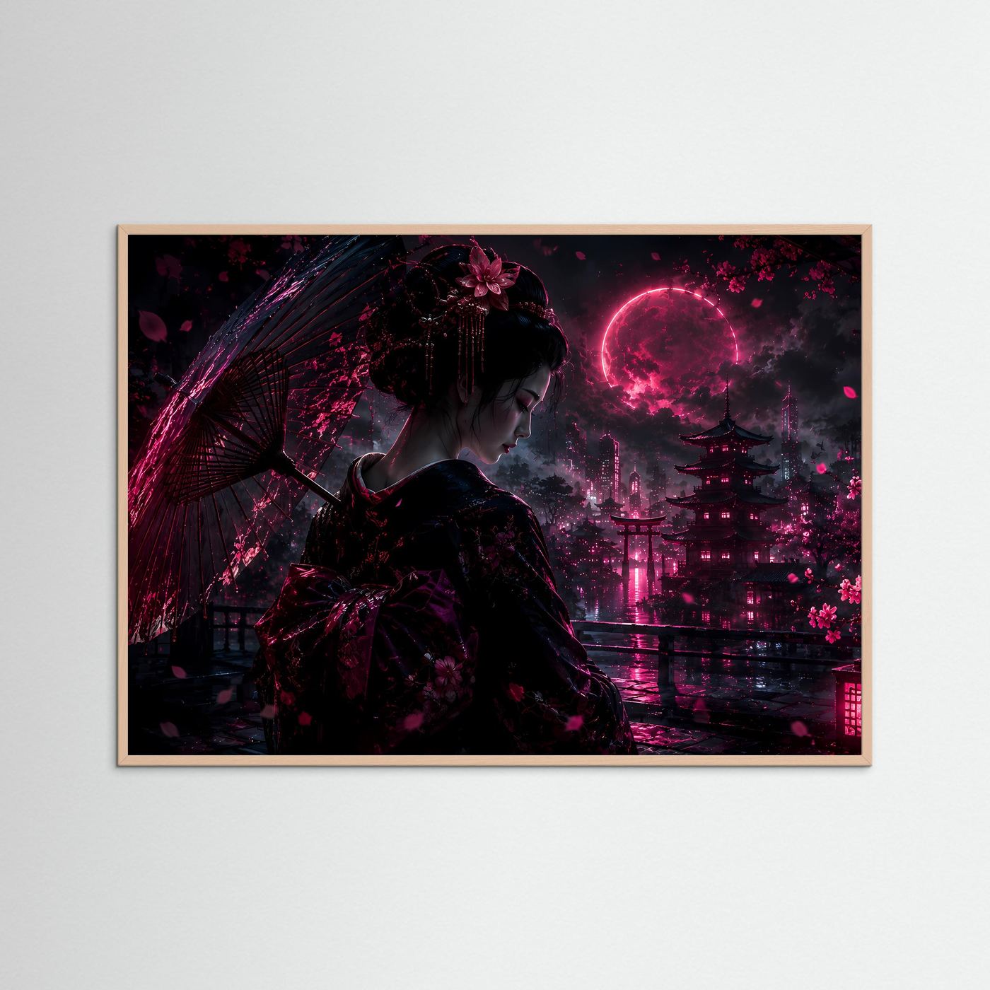Geisha bei Nacht in Neon Pink | Japanische Cyberpunk Kunst mit Mond & Pagode
