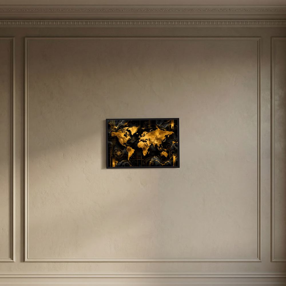 Weltkarte-Poster im schwarzen Rahmen, abstrakte Weltkarte in Schwarz und Gold, quer