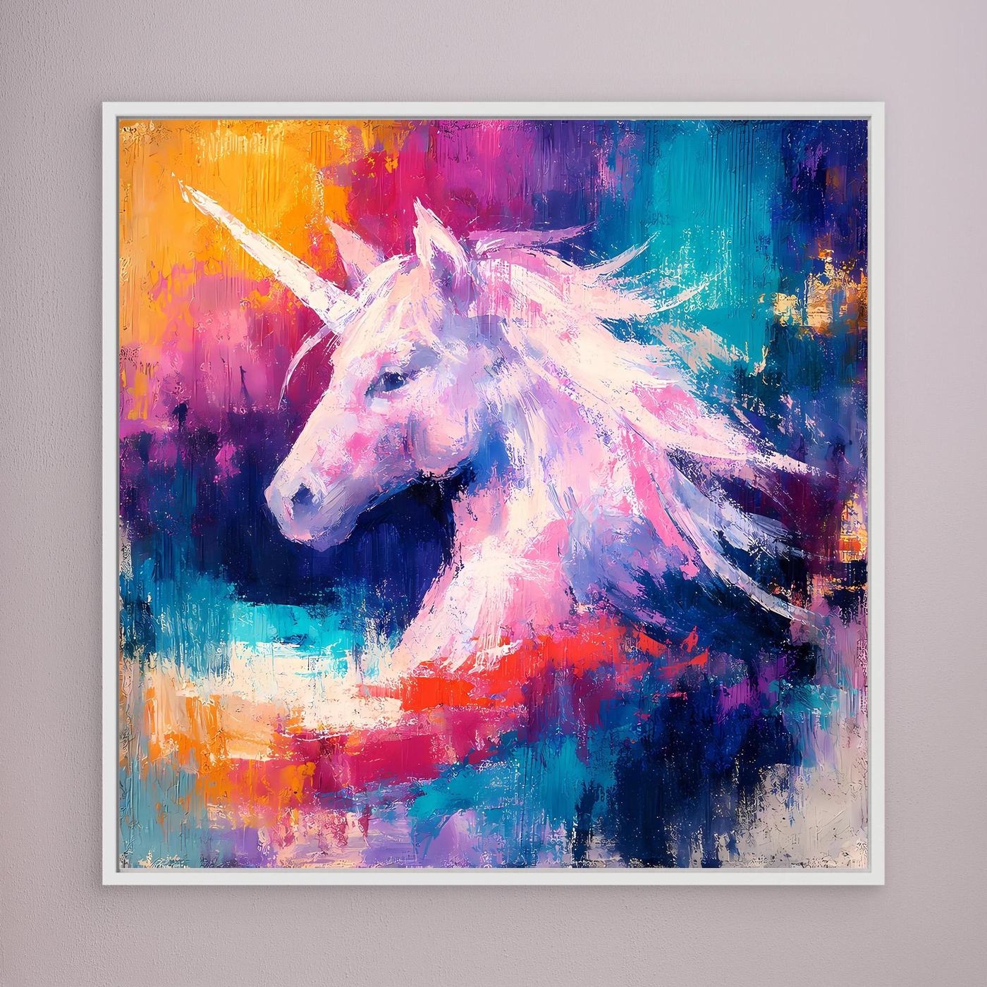 Leinwand Elegantes Einhorn im Farbenmeer | Abstraktes Fantasy & Pastell Wandbild