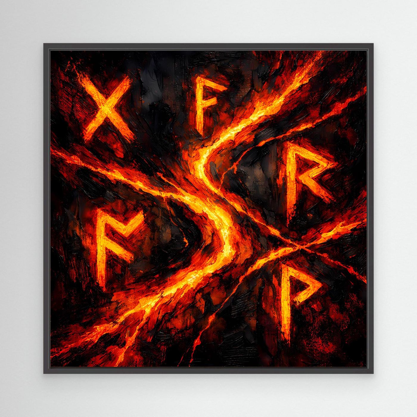 Wandbild mit mystischen Runen, mit schwarzem Rahmen; schwarzer Hintergrund, leuchtende Rot-Orange Flammen