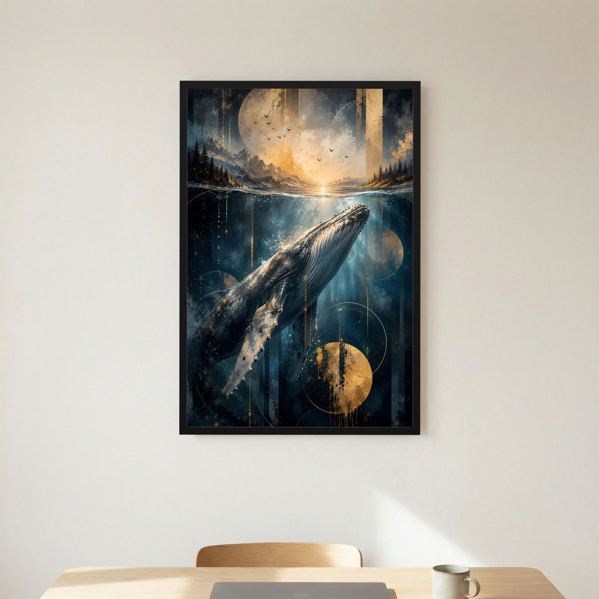 Wandposter (Hochformat) mit Wal, Unterwasserlandschaft in Blau und Gold, schwarzer Rahmen