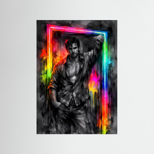 The Neon Doorway | Luxuriöses Mann Poster Bunt & Dunkel | Abstraktes Portrait Kunstposter Hochformat
