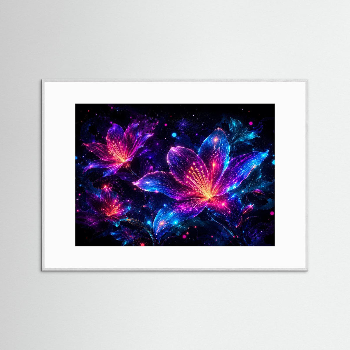 Neon-Blumenbild mit abstrakten Lilien in Pink, Violett und Blau, weiß gerahmt