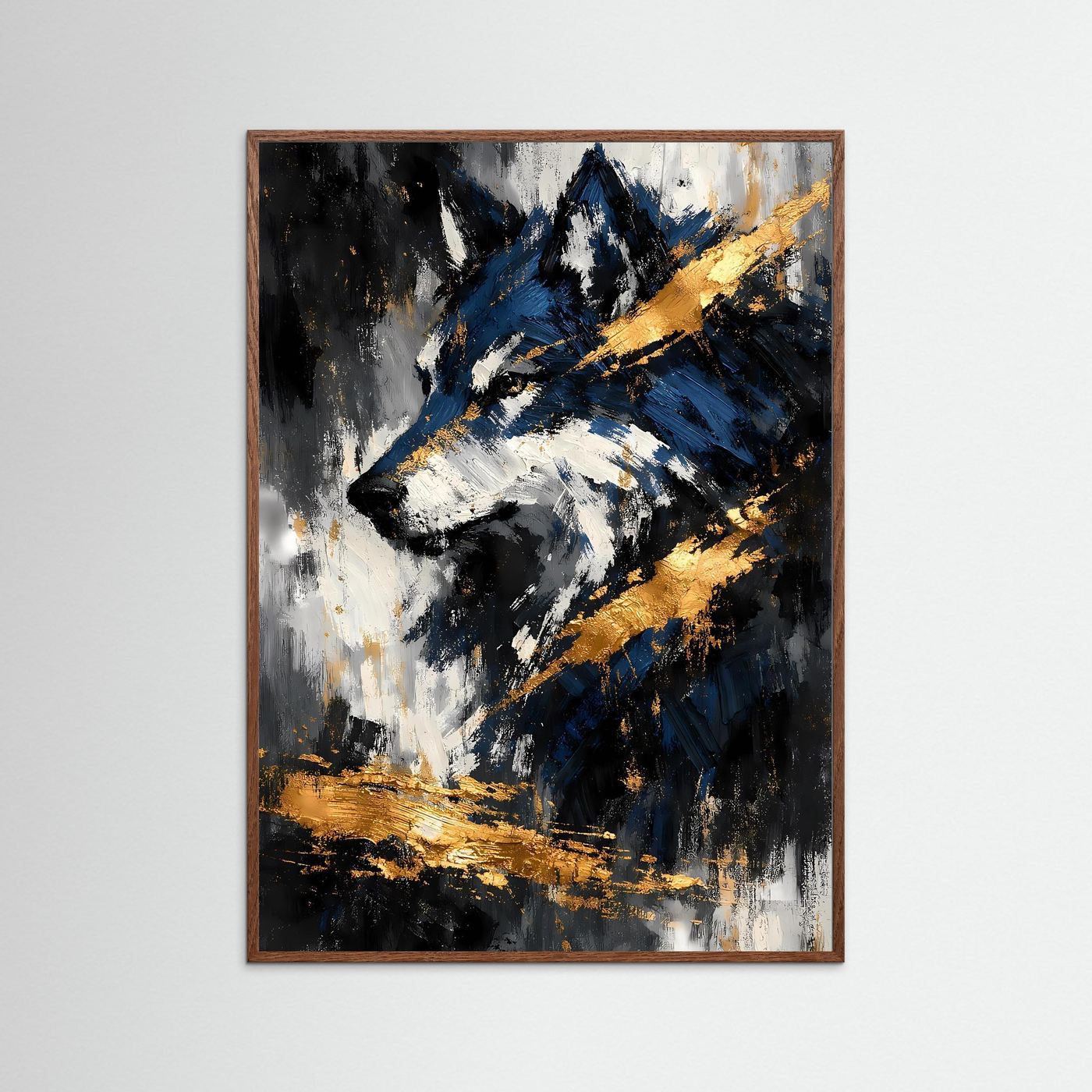 Wolfskunstposter mit abstraktem Tierporträt in Blau, Schwarz und Gold, brauner Holzrahmen