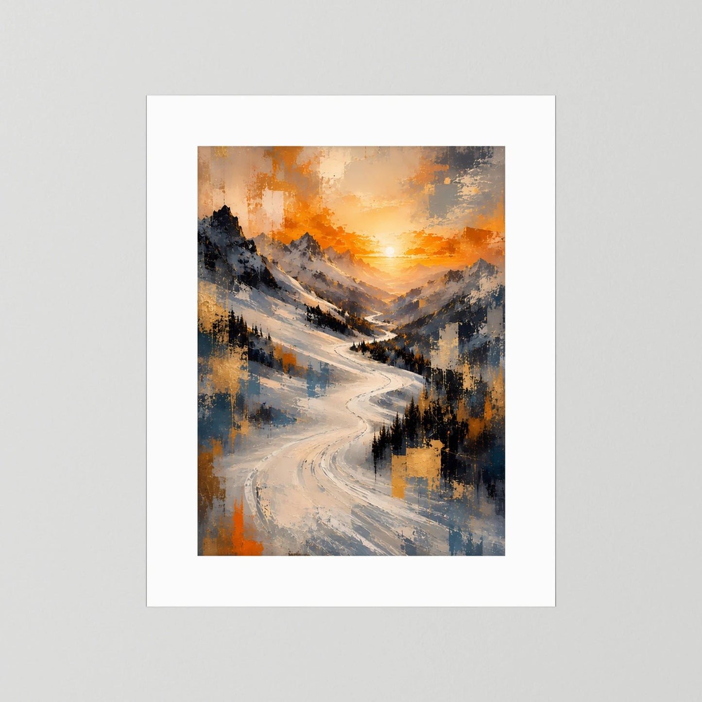 Hochformat-Poster mit weißem Passepartout und verschneiter Berglandschaft, ohne Rahmen