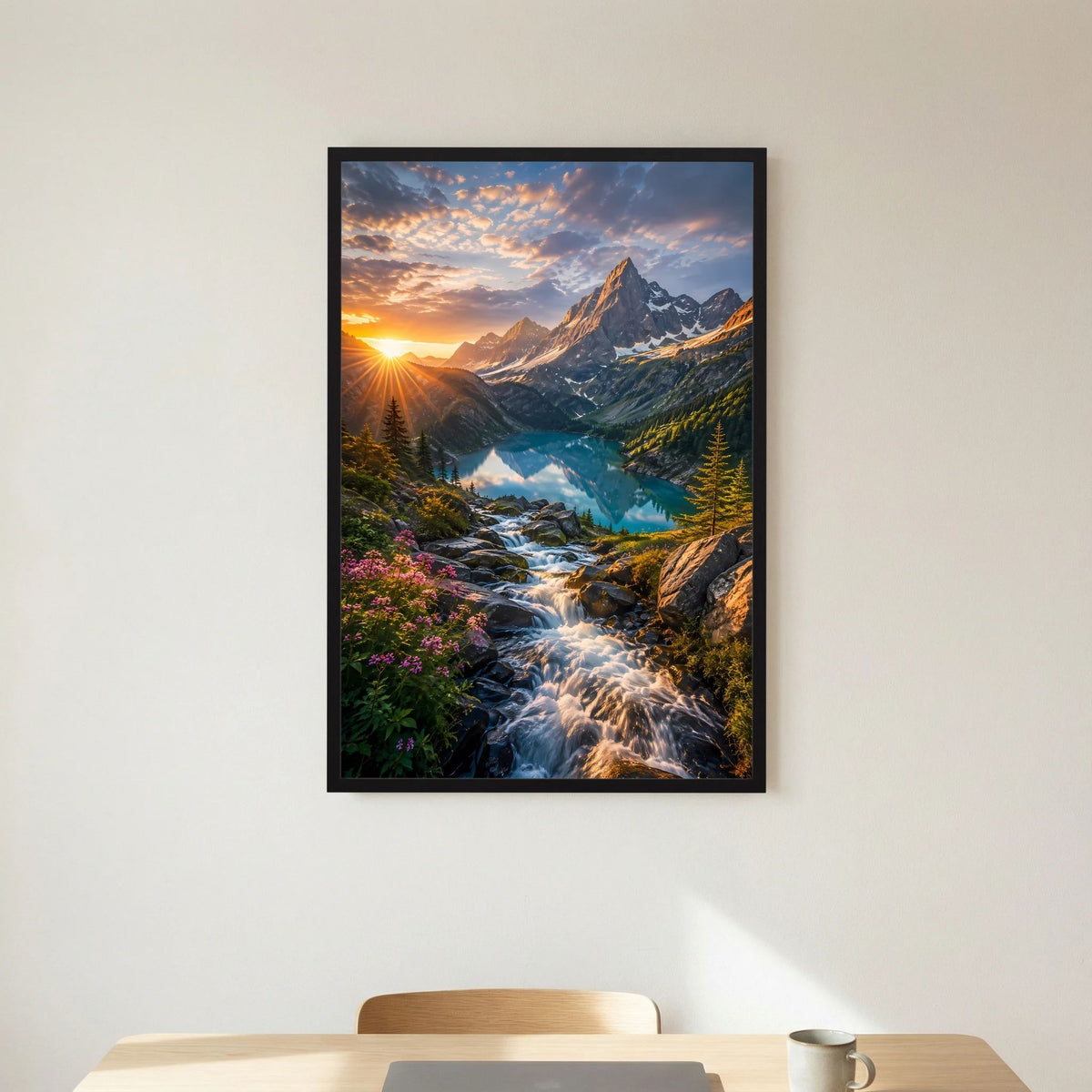 Vertikales Poster mit Alpenlandschaft, türkisfarbenem See, Wasserfall und Sonnenuntergang, schwarzer Rahmen