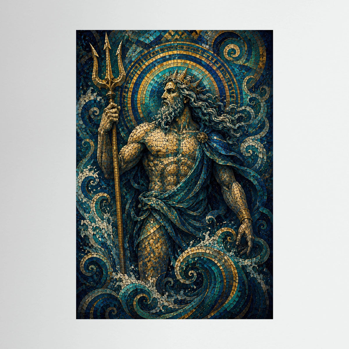 Hochformatiges Poster mit Poseidon in blau-goldenem Mosaikstil und Dreizack