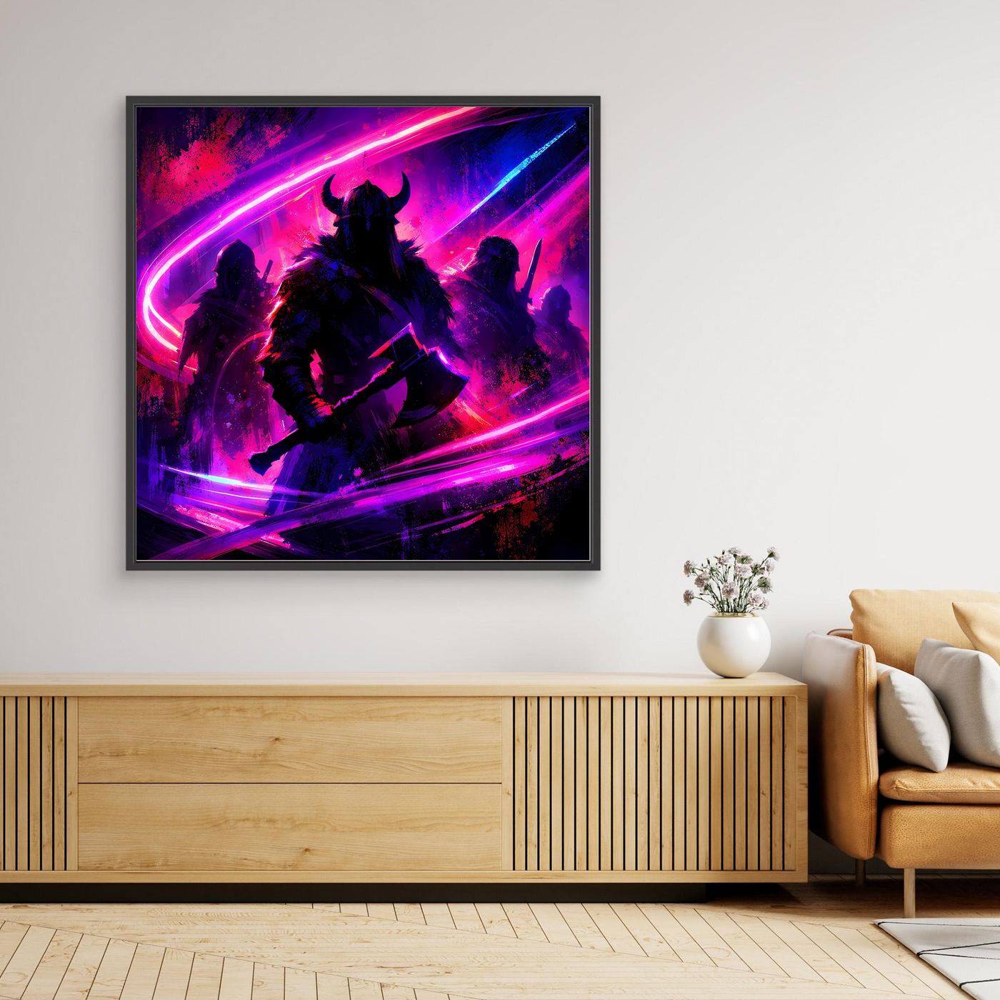 Gerahmtes Leinwandbild mit Wikingerkrieger in Neon Pink und Lila, schwarze Silhouette