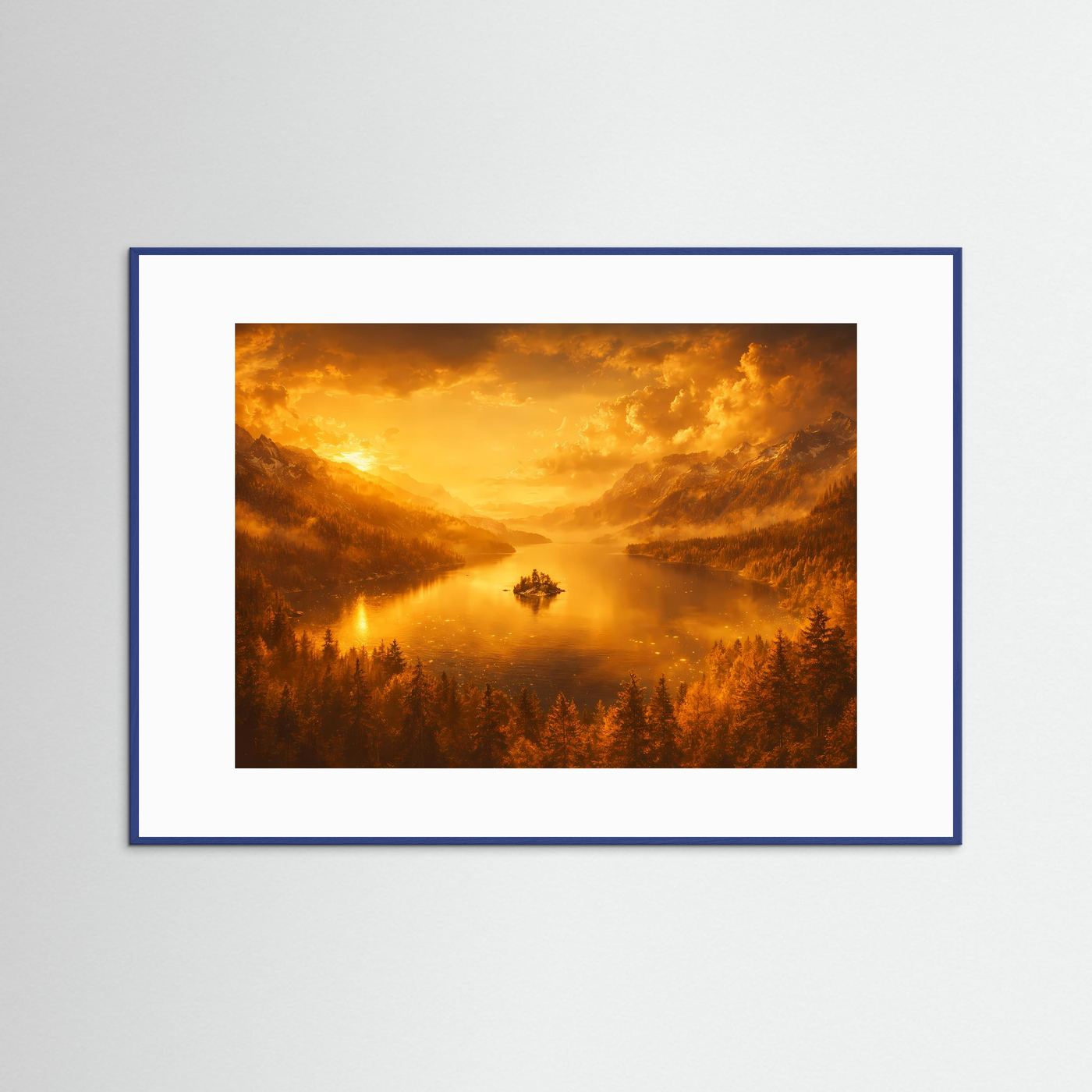Wandbild mit blauem Rahmen und weißem Passepartout: Alpenlandschaft mit Bergsee.