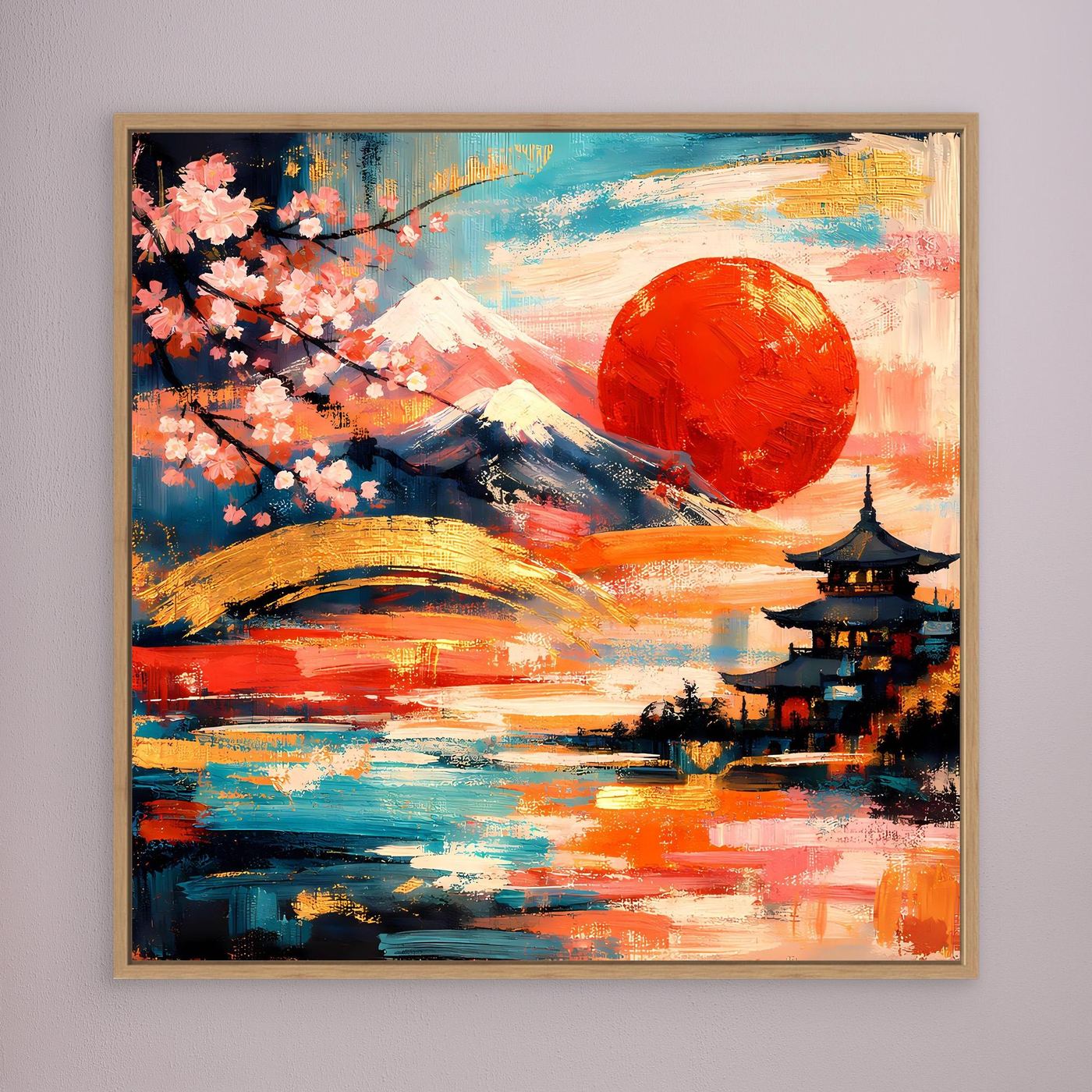 Gerahmtes Leinwandbild mit Kirschblütenzweig, Berg Fuji, roter Sonne und Pagode am Ufer