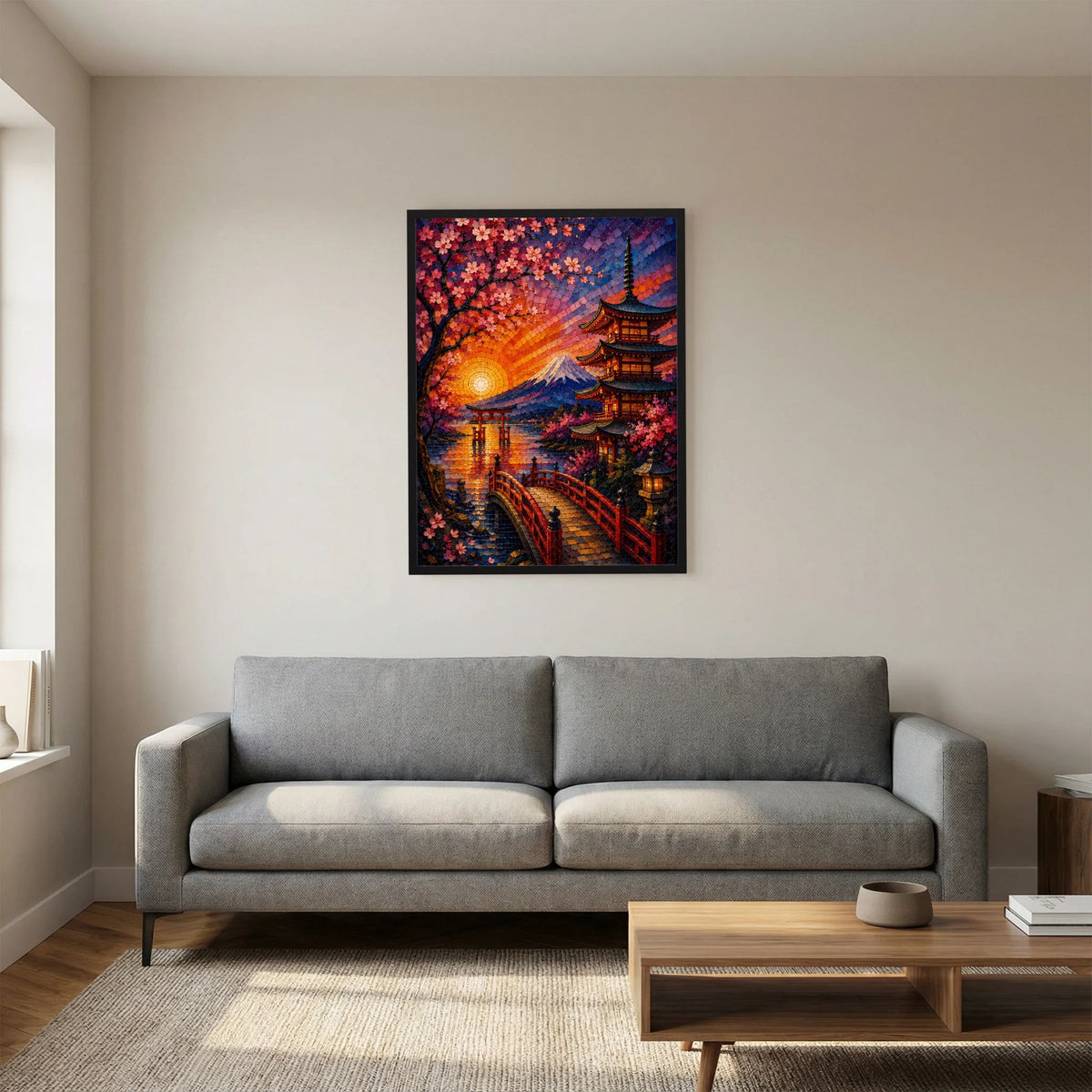 Gerahmtes Mosaik-Poster mit Kirschblüten, Pagode und Fuji bei Sonnenuntergang