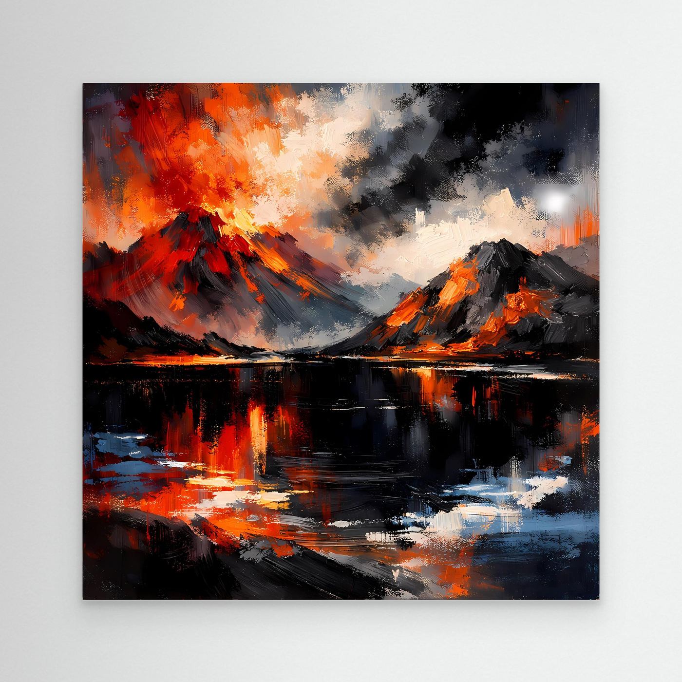 Unge­­rahmtes abstraktes Wandbild mit Vulkanlava, Bergen und spiegelnder Wasserfläche
