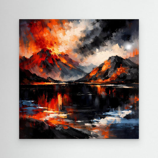 Unge­­rahmtes abstraktes Wandbild mit Vulkanlava, Bergen und spiegelnder Wasserfläche