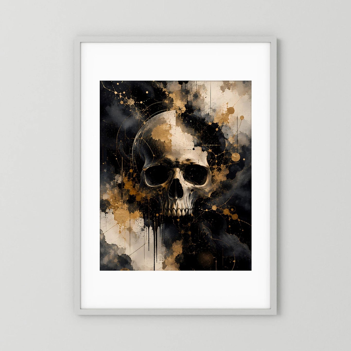 Weiß gerahmtes Totenkopf-Poster im Hochformat mit Passepartout, schwarz, weiß und gold