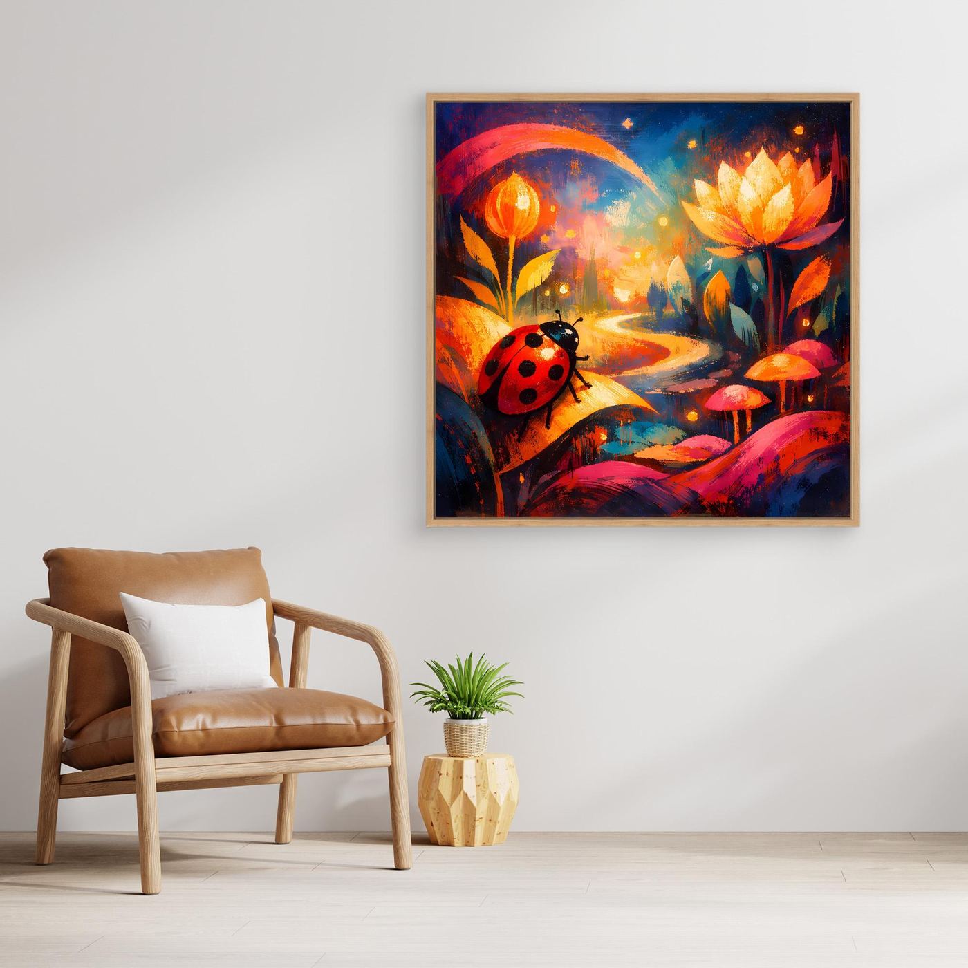 Wandbild mit Marienkäfer und Blumenpfad, Holzrahmen