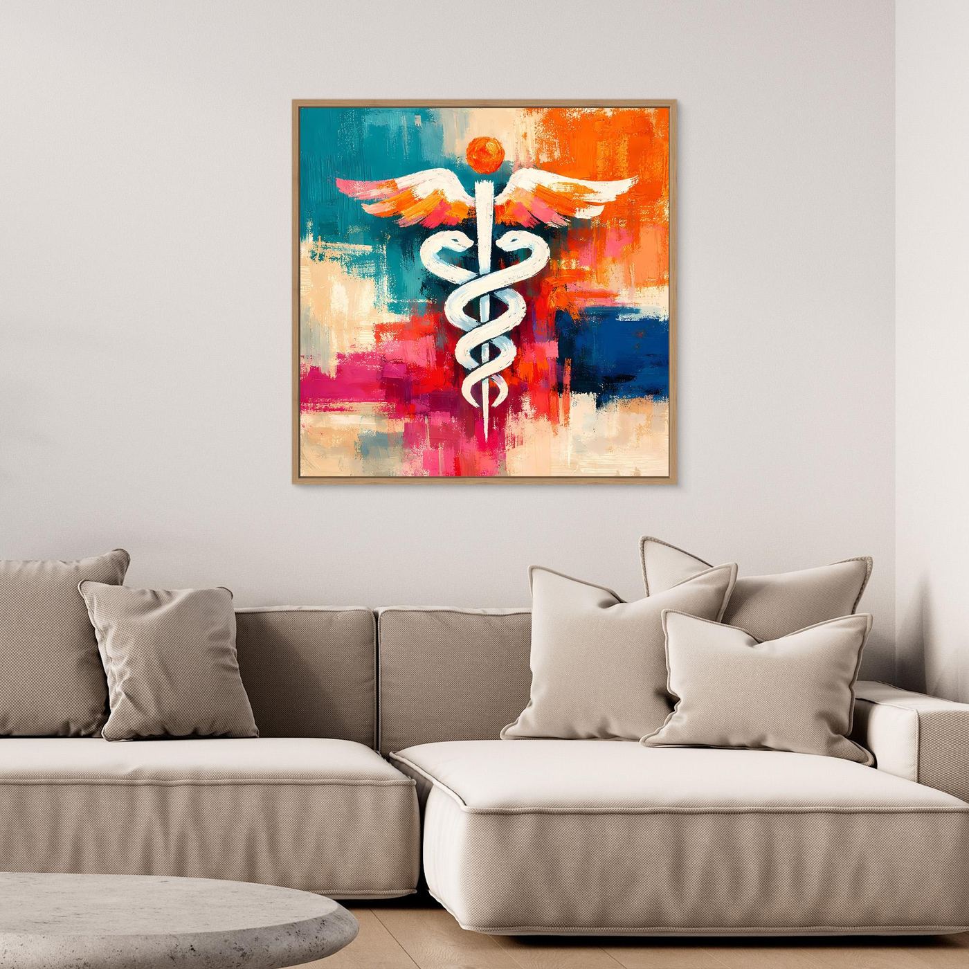 Framed abstract medical symbol wall canvas with white winged staff over colorful paint strokes