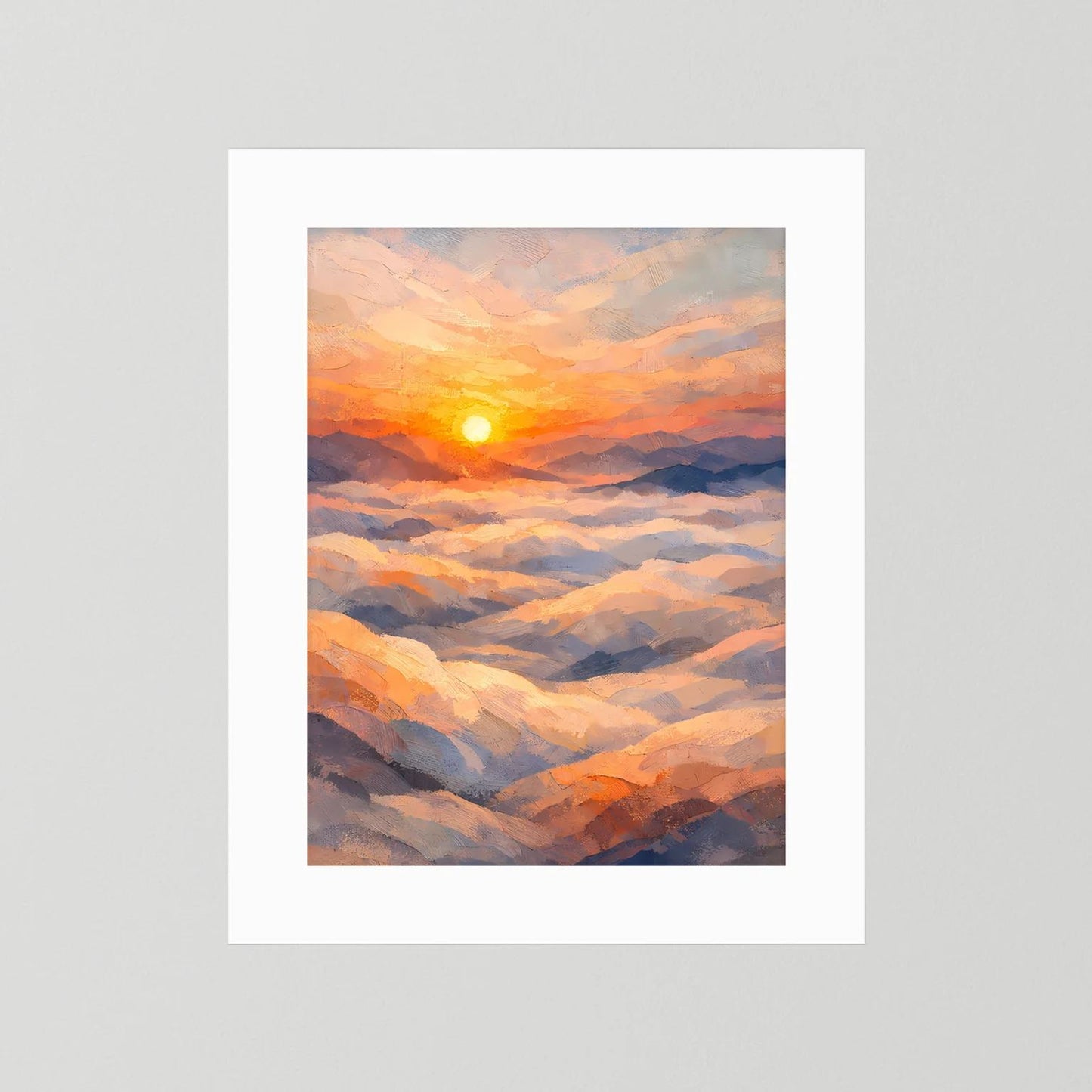 Hochformatiges Poster mit Sonnenuntergang über Wolken in Pastellfarben, weißer Rahmen.