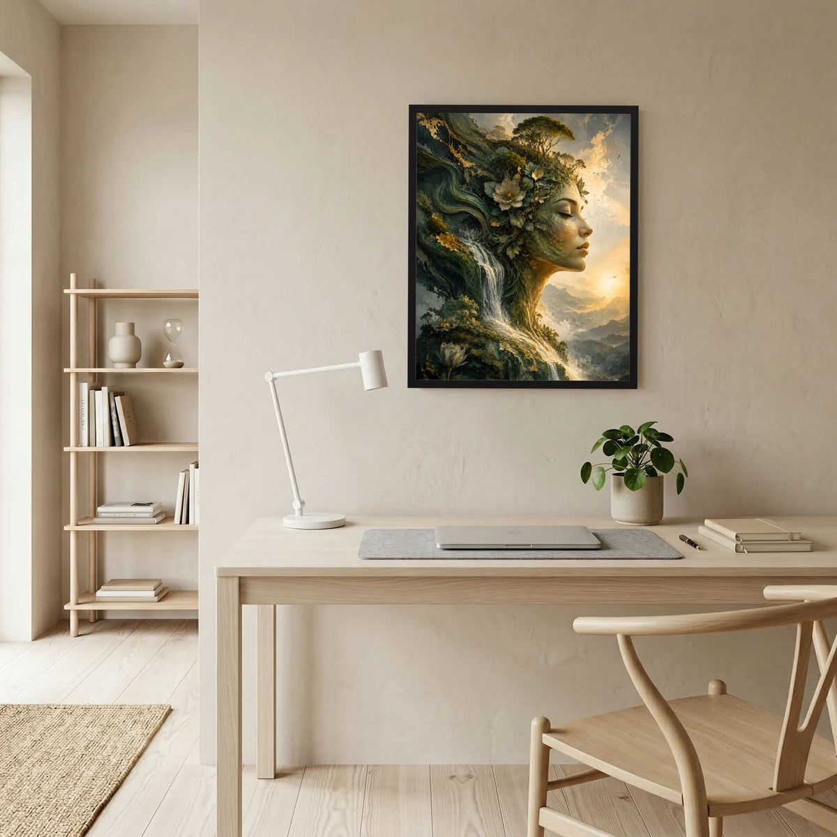 Wandbild mit mystischer Frau im Blumen- und Blätterkranz, Wasserfalllandschaft