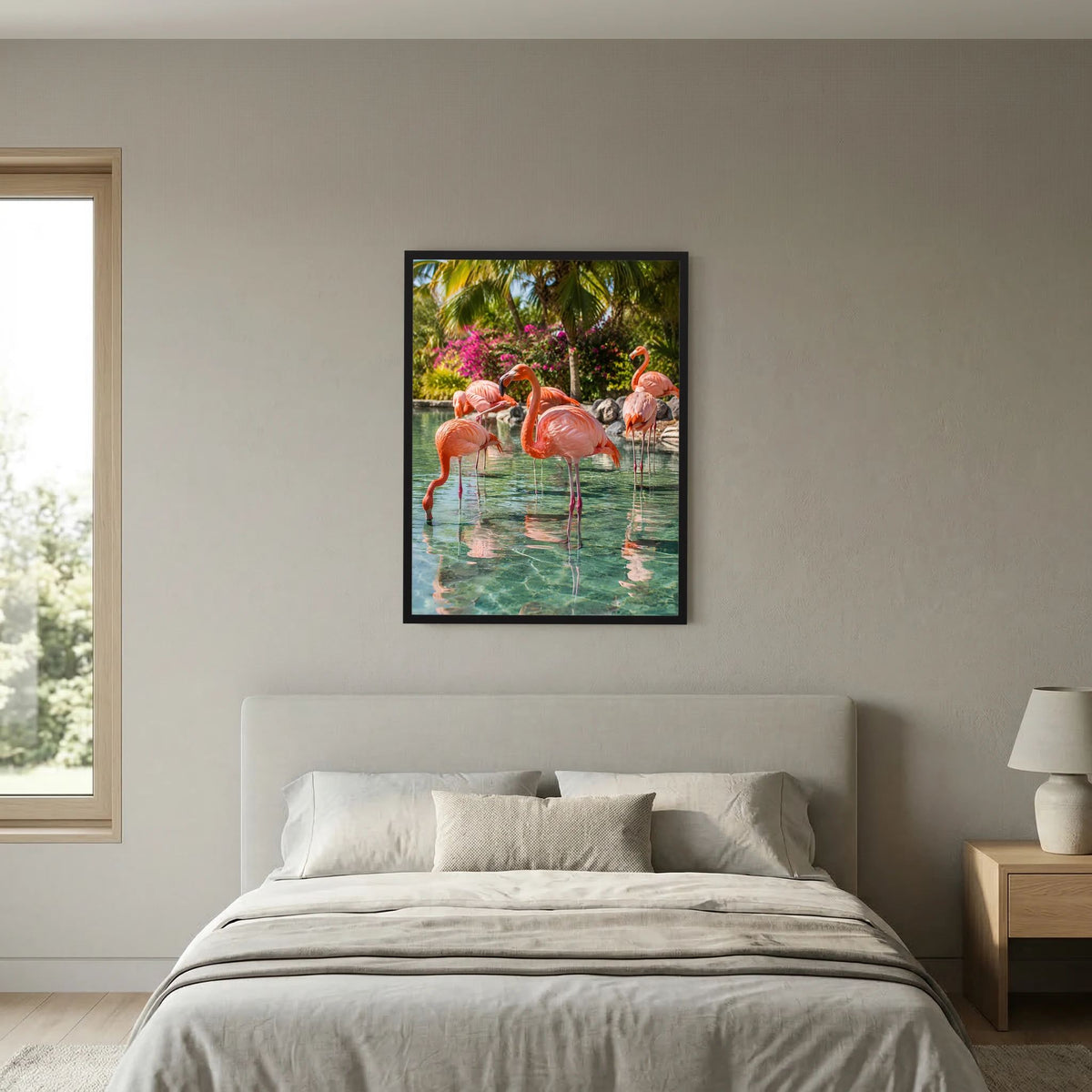 Quadratisches Poster: rosa Flamingos mit Spiegelungen im Wasser, schwarzer Rahmen