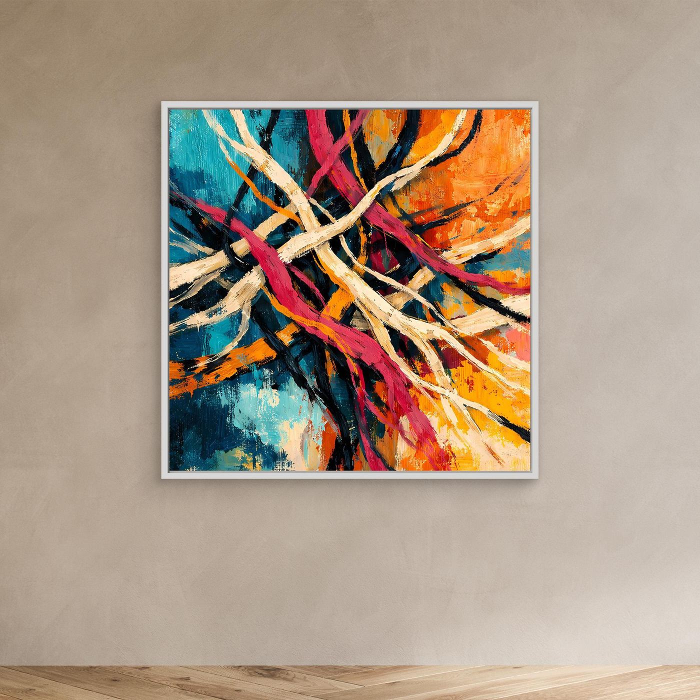 Leinwand-Wandbild mit abstraktem Liniengeflecht, weißer Rahmen, mehrfarbige Striche