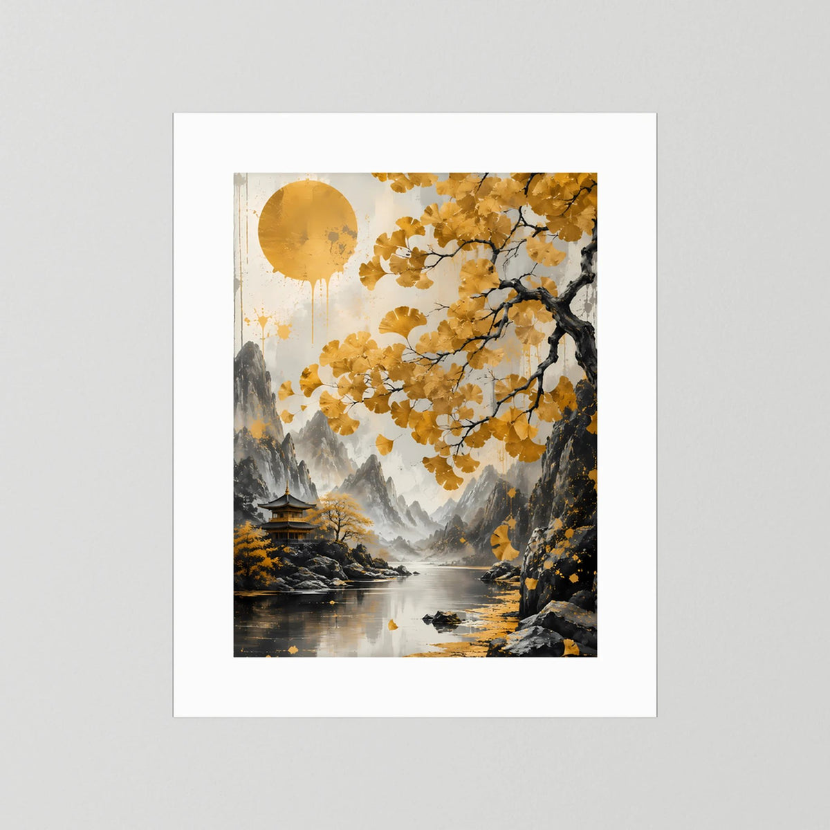 Hochformat-Poster mit weißem Rand: asiatische Landschaft, goldenes Blütenlaub, See und Tempel