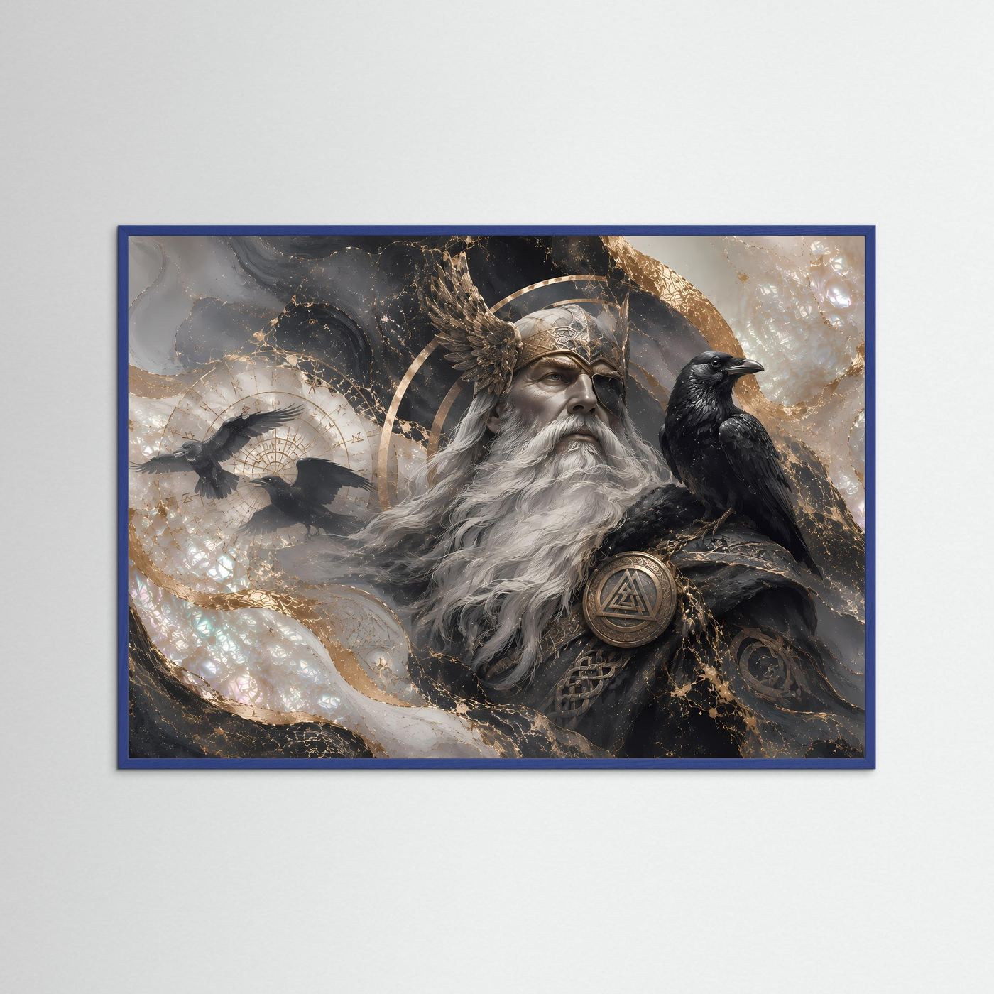 Querformat-Poster mit blauem Rahmen: Odin mit Raben, silberner Bart, goldene Details