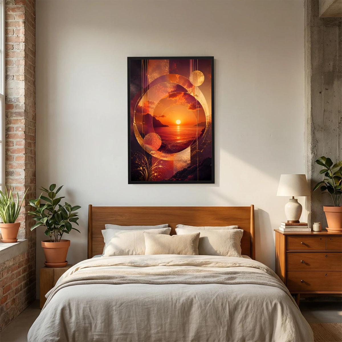 Abstraktes Sonnenuntergangs-Poster mit Kreis- und Liniengrafik über Meer, gold-orange, im schwarzen Rahmen
