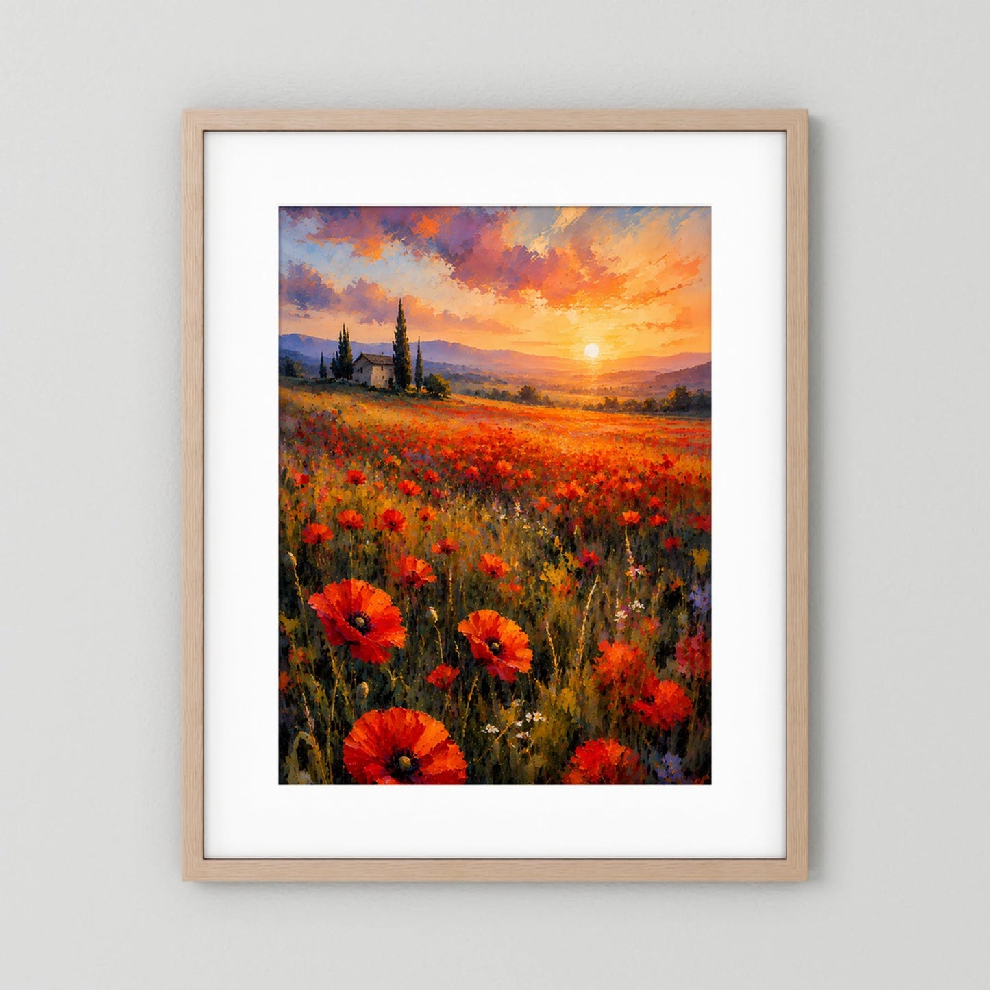Poster im Hochformat mit hellem Holzrahmen und weißem Rand, Mohnblumenfeld im Sonnenuntergang
