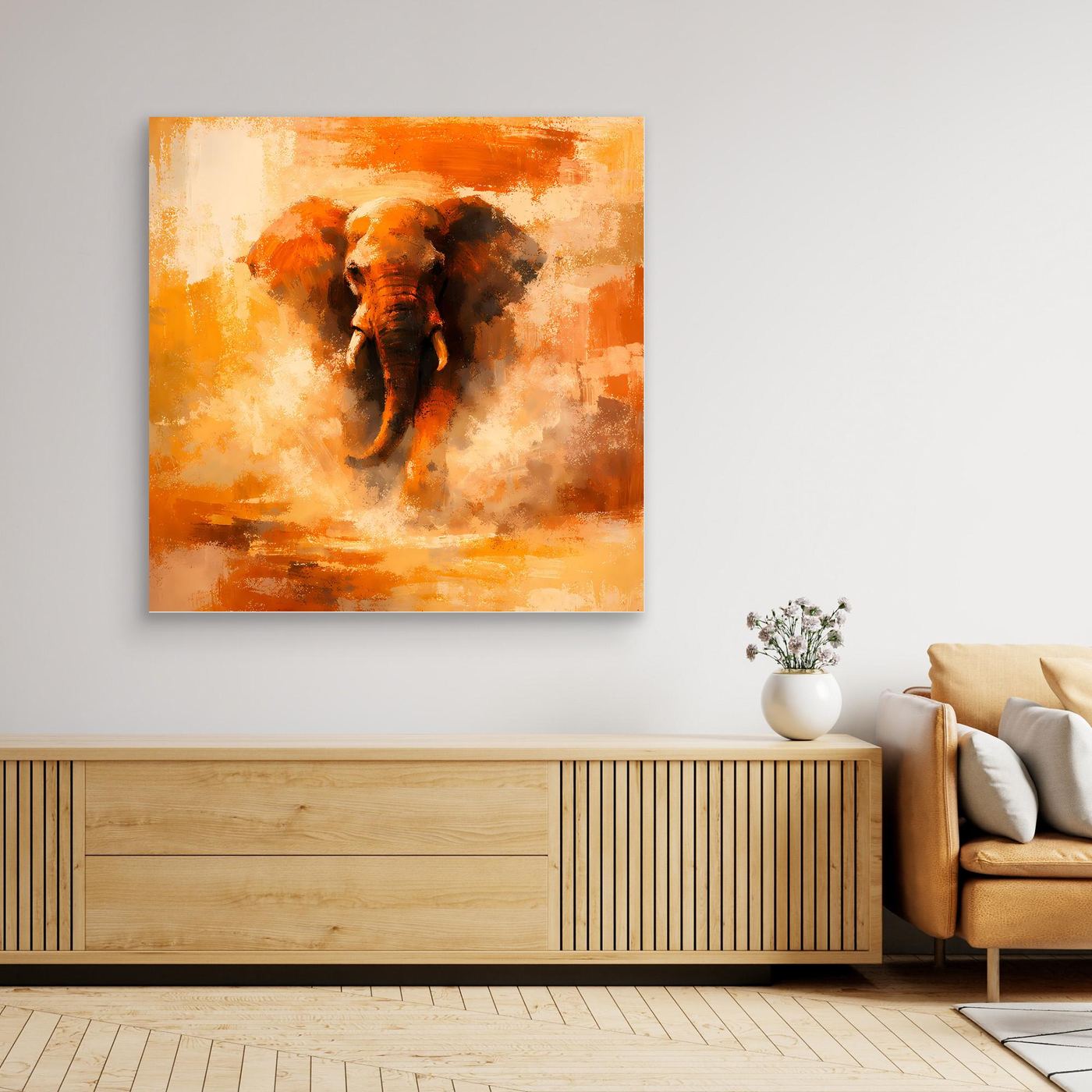 Leinwand Abstraktes Elefanten Gemälde | Modernes Kraftvolles Tier Wandbild Orange Ocker