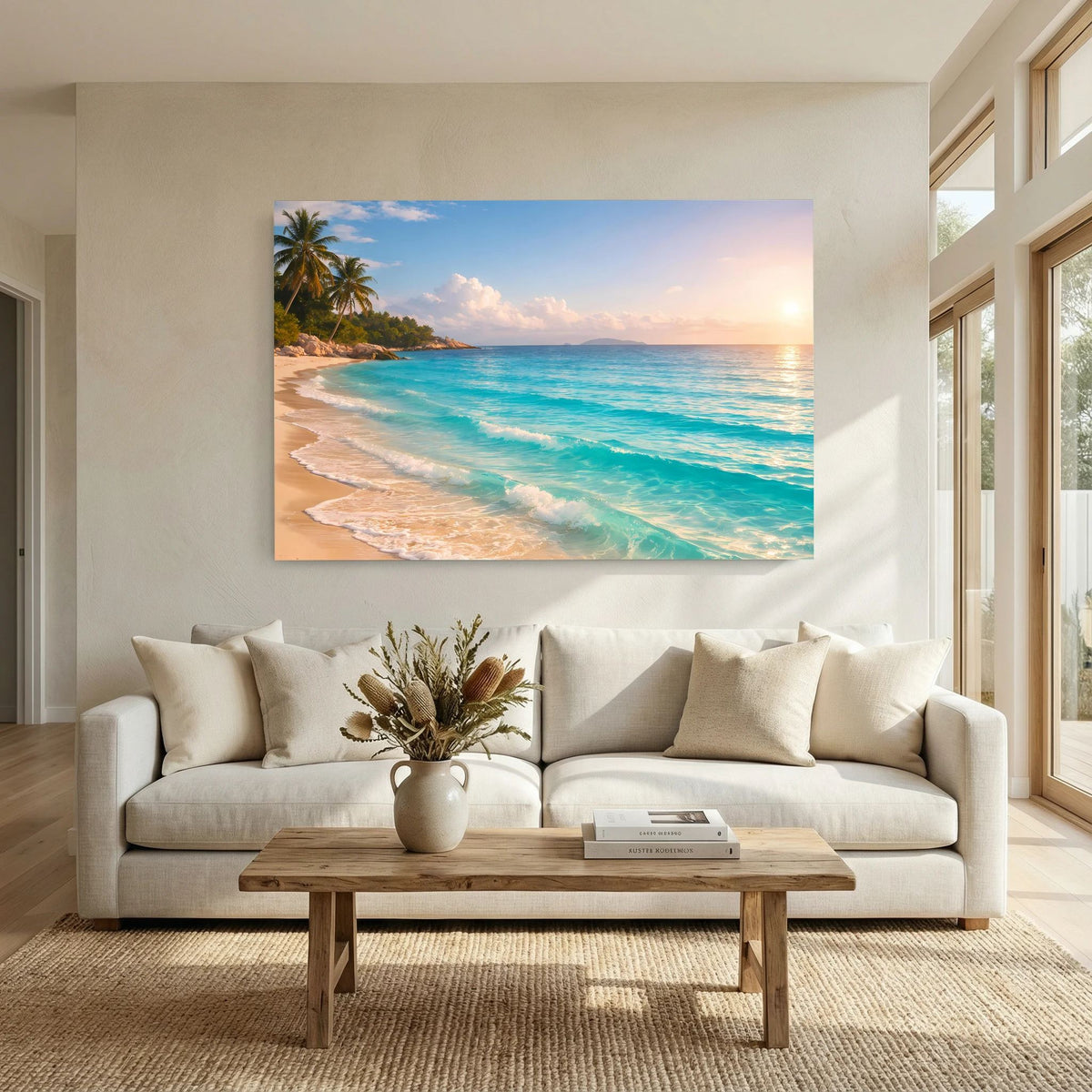 Rechteckiges Strandmotiv-Wandbild: Sandstrand, türkisfarbenes Wasser und Sonnenaufgang über Couch