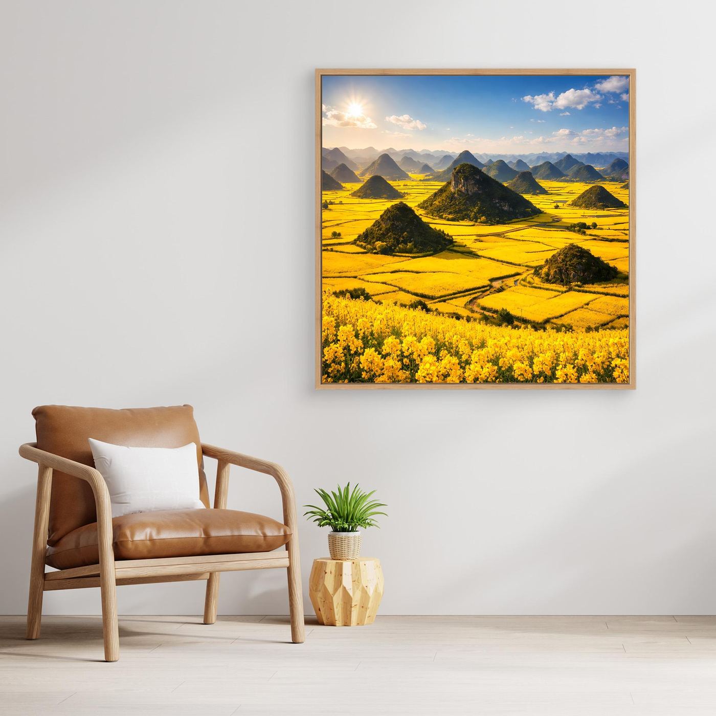 Leinwandbild mit goldenem Rapsfeld und Karstbergen im Eichenrahmen