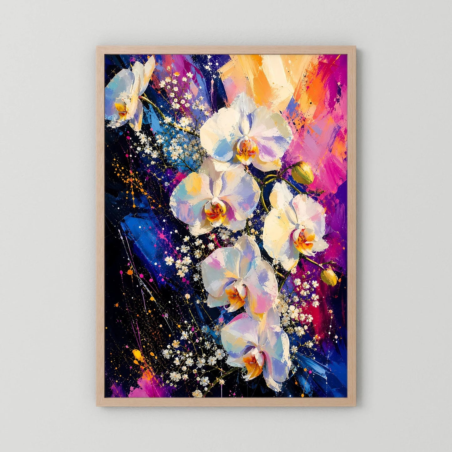 Poster mit abstrakten weißen Orchideen in Pink, Blau und Gold, hellbrauner Rahmen