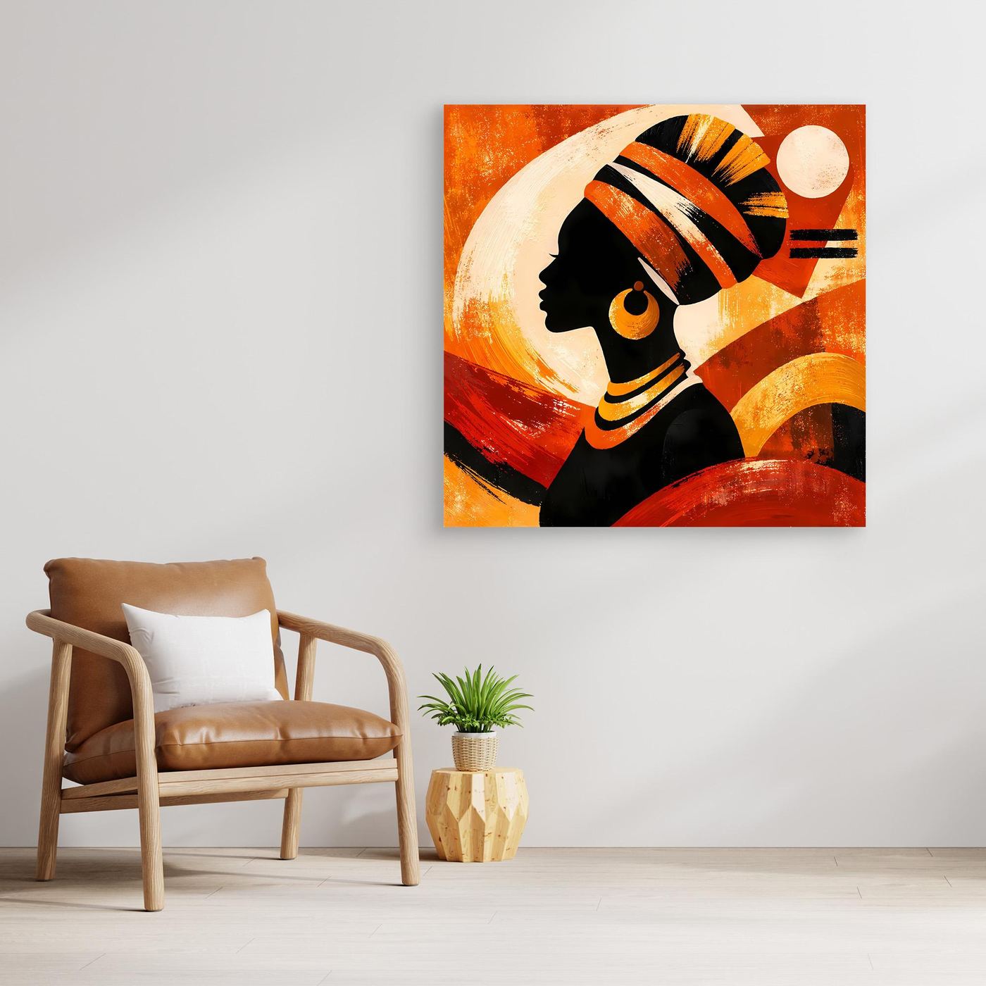 Leinwandbild mit abstrakter Porträtfrau, orange-goldene Farbstimmung, goldfarbener Rahmen