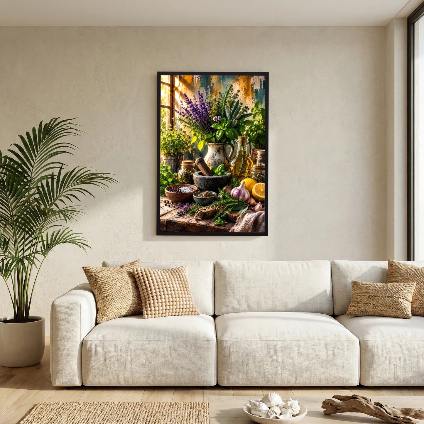 Gerahmtes Kräuter-Poster mit Lavendel, Basilikum und Gewürzen in Tongefäßen
