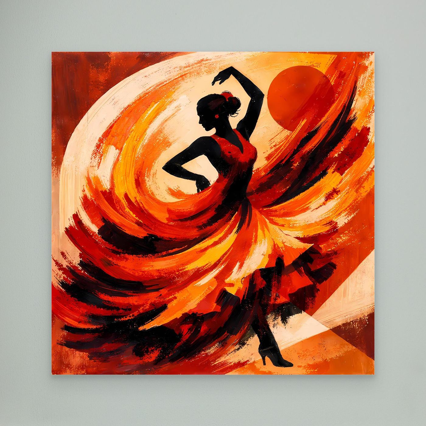 Leinwandbild mit schwarzer Flamencotänzerin und rot-orangenen Pinselwirbeln im Hintergrund