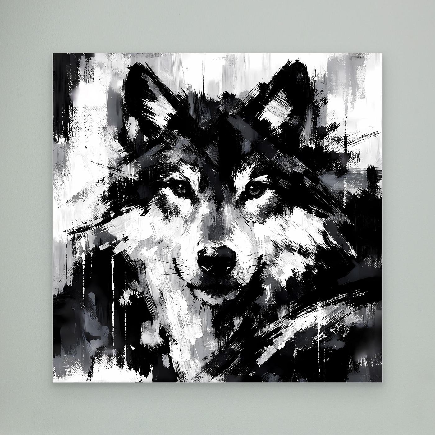 Leinwand-Wandbild mit abstraktem Wolfsgesicht in Schwarzweiß, ohne Rahmen