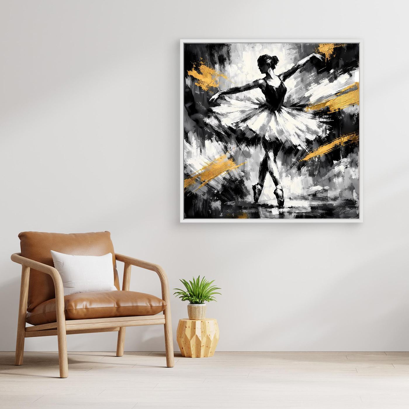 Abstraktes Leinwandbild mit Ballerina in Schwarz-Weiß und goldenen Pinselstrichen, weißer Rahmen