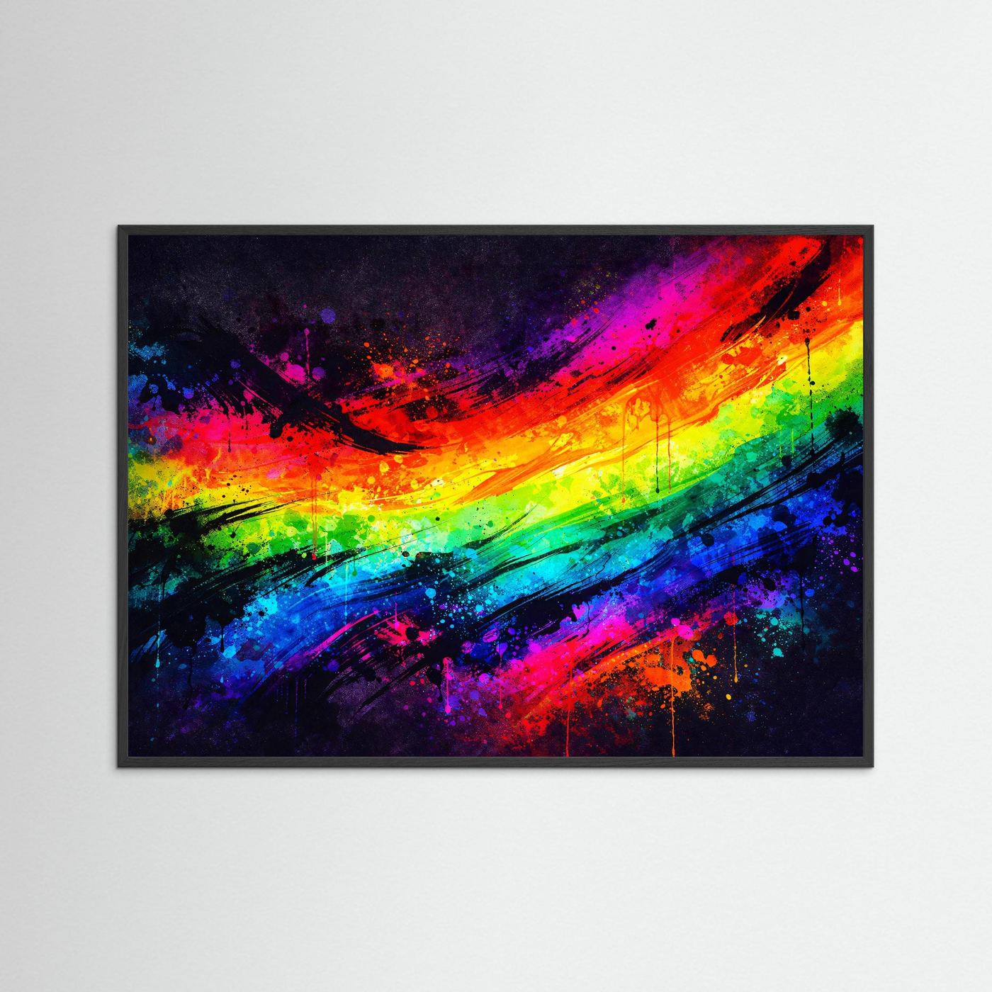 Dynamische Regenbogen Pinselstriche | Buntes Abstraktes Wandbild & Kunst Poster Querformat