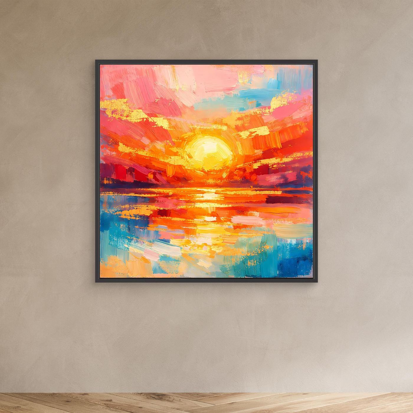 Leinwandbild abstraktes Meer mit aufgehender Sonne, schwarzer Rahmen, Farbflecken in Blau/Orange