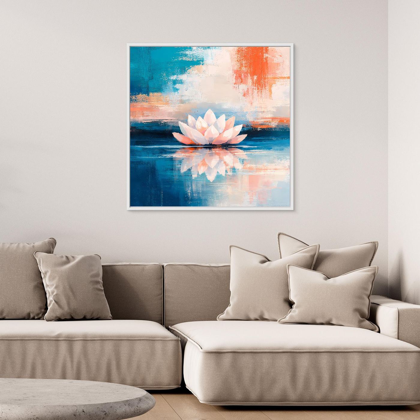 Leinwand Abstrakte Lotusblüte auf dem Wasser | Modernes Seerosen Wandbild Blau Orange