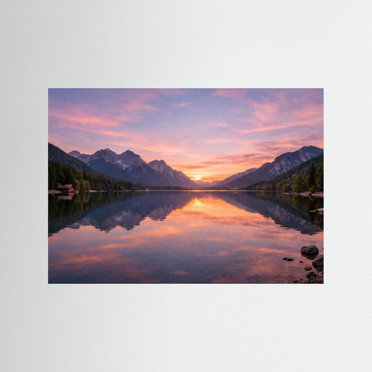 Querformat-Poster mit Bergsee und Spiegelung bei Sonnenuntergang, ohne Rahmen