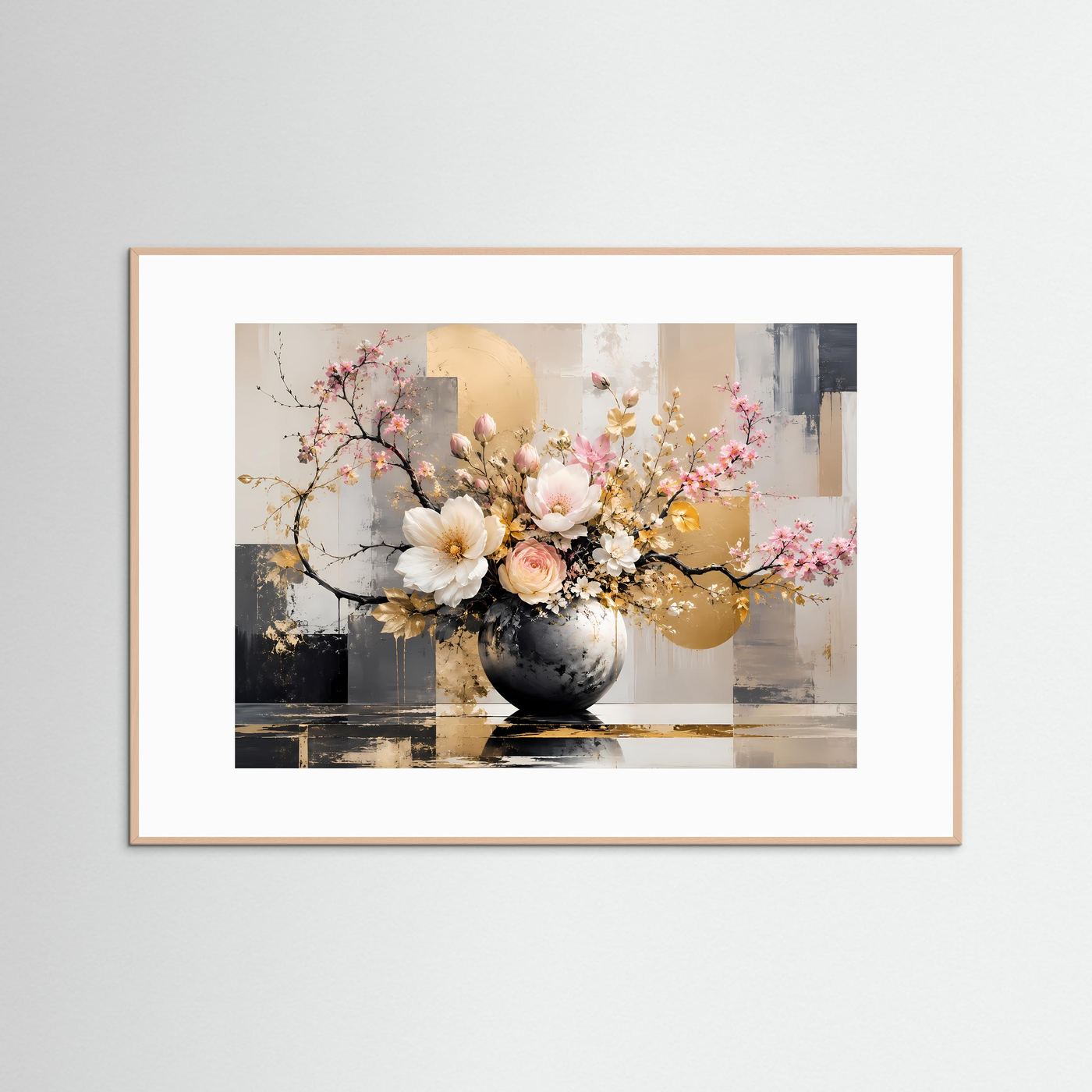 Elegantes Blumenarrangement in Gold & Weiß | Modernes Florales Wandbild Querformat