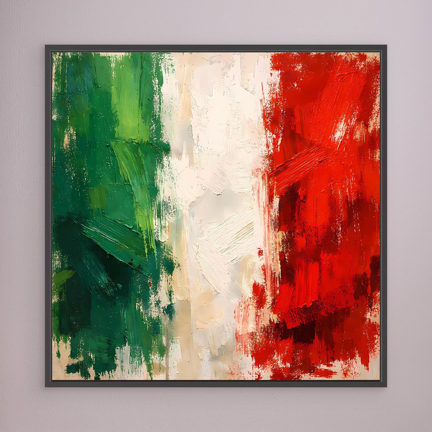Abstract Italian flag wall canvas with black frame, green and red textured paint