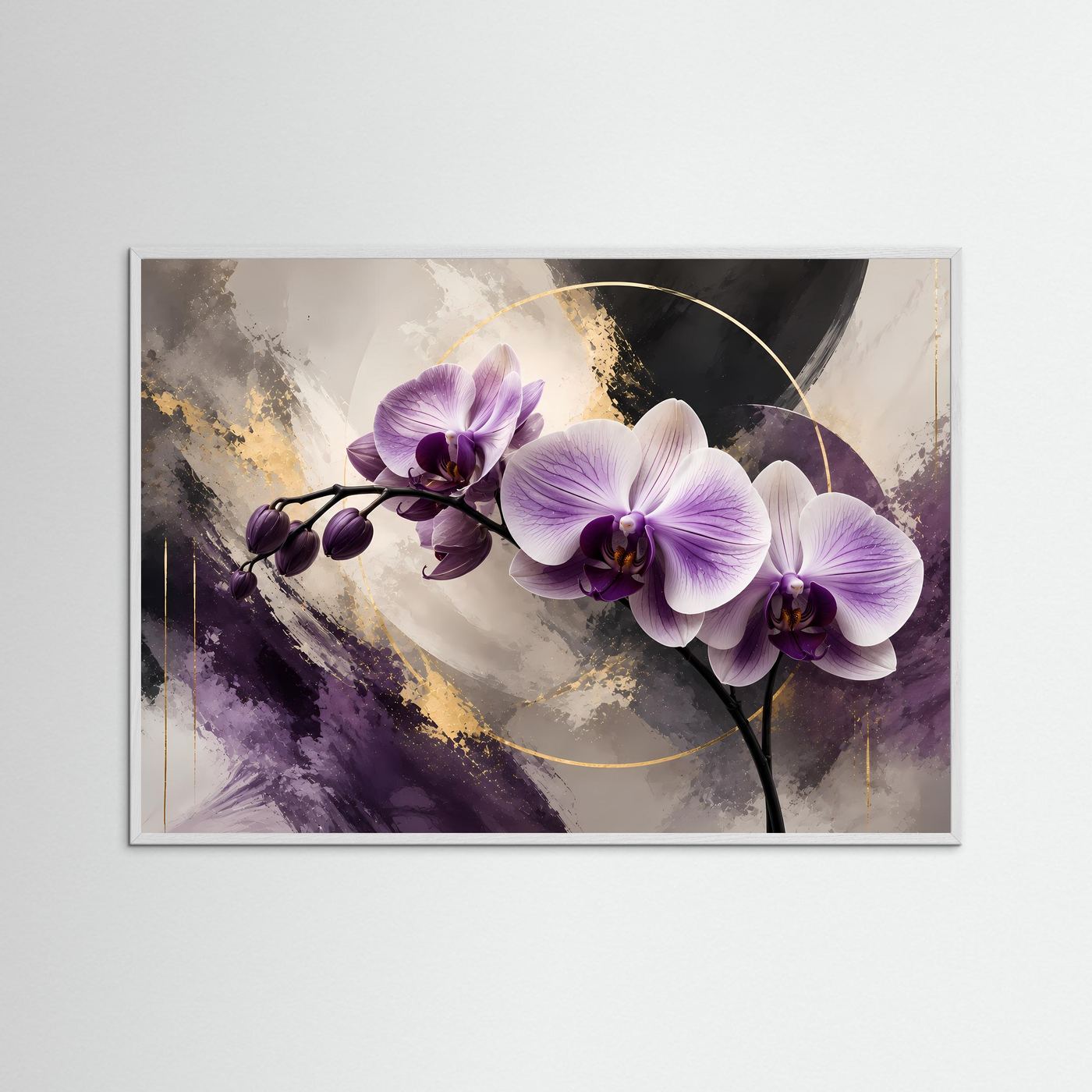 Elegante Orchideen in Violett & Gold | Abstrakte Blumen & Natur Poster Querformat